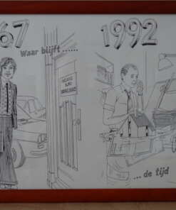 Pentekening Waar blijft de tijd 1967-1992 vervaardigd in 1992. Deze tekening is gemaakt voor iemand die 25 jaar bij Buro Brekelmans werkte.